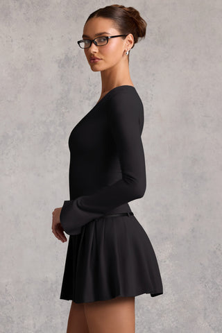 Long-Sleeve Pleated Mini Dress in Black
