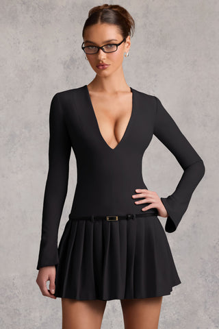 Long-Sleeve Pleated Mini Dress in Black