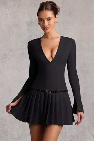 Long-Sleeve Pleated Mini Dress in Black