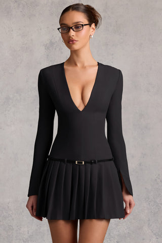 Long-Sleeve Pleated Mini Dress in Black
