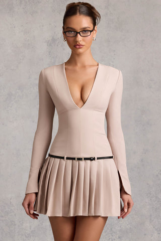 Long-Sleeve Pleated Mini Dress in Mushroom