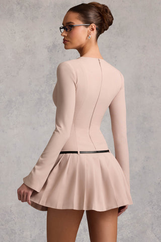 Long-Sleeve Pleated Mini Dress in Mushroom