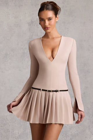Long-Sleeve Pleated Mini Dress in Mushroom