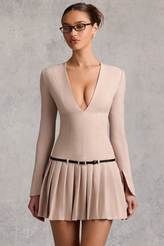 Long-Sleeve Pleated Mini Dress in Mushroom