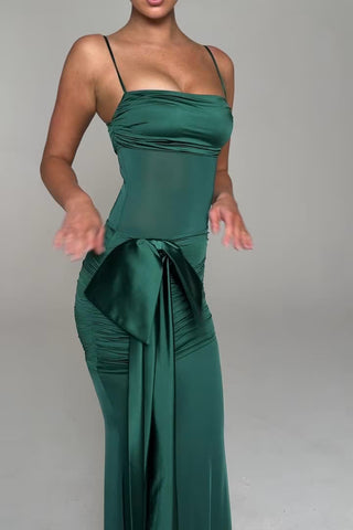 Bow-Detail Ruched Maxi Dress in Emerald Green