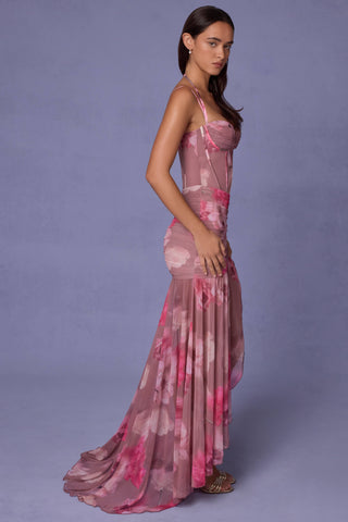 Ruched Asymmetric Corset Gown in Blurred Floral