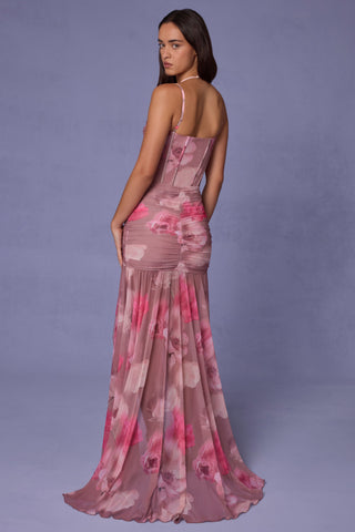 Ruched Asymmetric Corset Gown in Blurred Floral