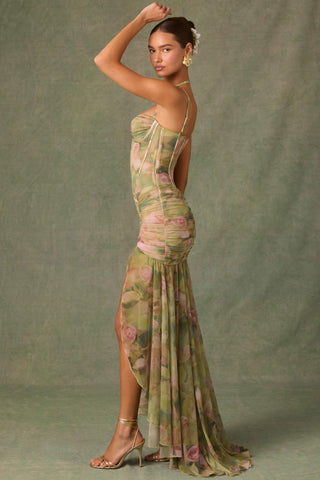 Ruched Asymmetric Corset Gown in Floral Multi Print