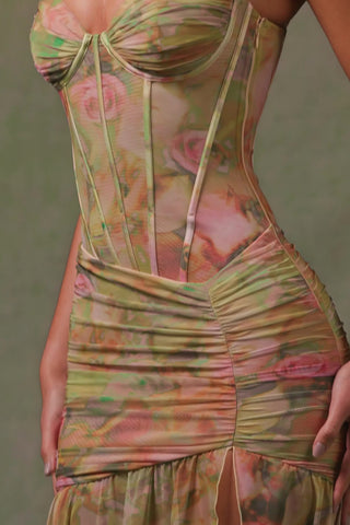 Ruched Asymmetric Corset Gown in Floral Multi Print