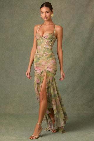 Ruched Asymmetric Corset Gown in Floral Multi Print