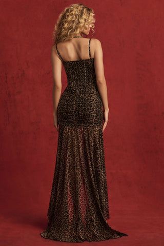 Ruched Asymmetric Corset Gown in Leopard Print