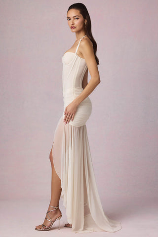 Ruched Asymmetric Corset Gown in Ivory