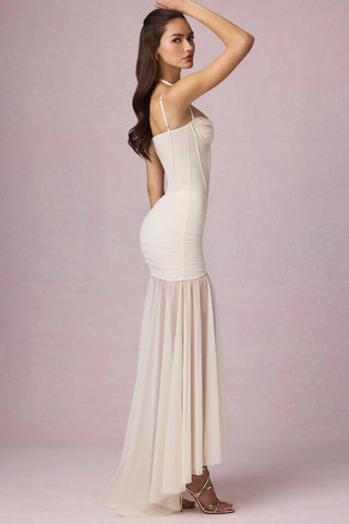 Ruched Asymmetric Corset Gown in Ivory