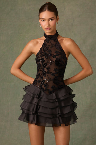 Embellished Ruffled Halterneck Mini Dress in Black