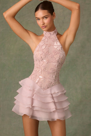 Embellished Ruffled Halterneck Mini Dress in Dusty Rose