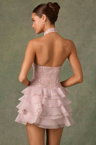 Embellished Ruffled Halterneck Mini Dress in Dusty Rose