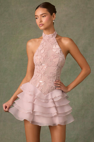 Embellished Ruffled Halterneck Mini Dress in Dusty Rose