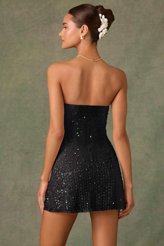 Embellished Sweetheart-Neck A-Line Mini Dress in Black