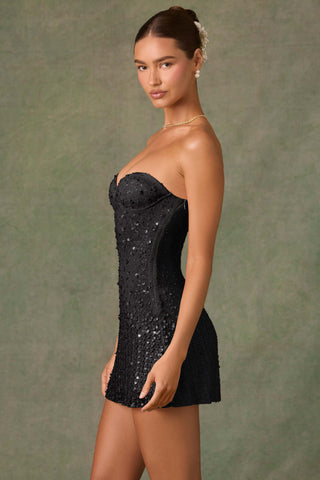 Embellished Sweetheart-Neck A-Line Mini Dress in Black