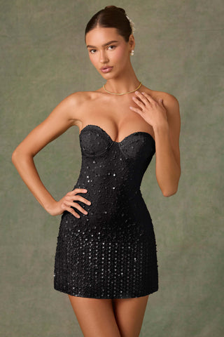 Embellished Sweetheart-Neck A-Line Mini Dress in Black