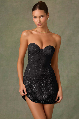 Embellished Sweetheart-Neck A-Line Mini Dress in Black
