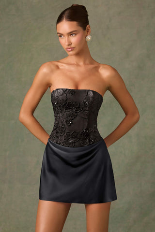 Embellished Draped Strapless A-Line Mini Dress in Black