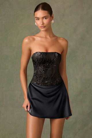 Embellished Draped Strapless A-Line Mini Dress in Black