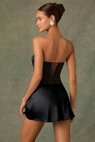 Embellished Draped Strapless A-Line Mini Dress in Black