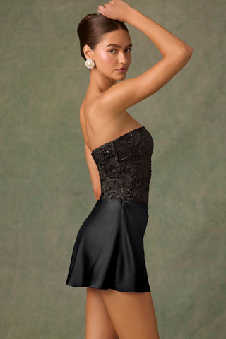 Embellished Draped Strapless A-Line Mini Dress in Black