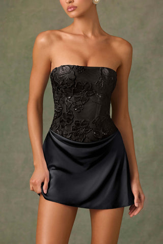Embellished Draped Strapless A-Line Mini Dress in Black