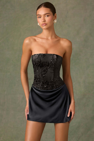 Embellished Draped Strapless A-Line Mini Dress in Black