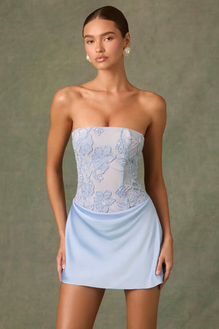 Embellished Draped Strapless A-Line Mini Dress in Sky Blue