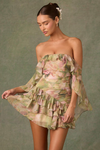 Off-Shoulder Ruffled Mini Dress in Floral Multi Print