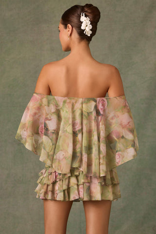 Off-Shoulder Ruffled Mini Dress in Floral Multi Print