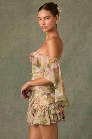 Off-Shoulder Ruffled Mini Dress in Floral Multi Print