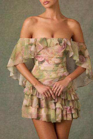 Off-Shoulder Ruffled Mini Dress in Floral Multi Print