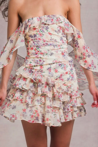 Off-Shoulder Ruffled Mini Dress in Primrose Floral Print