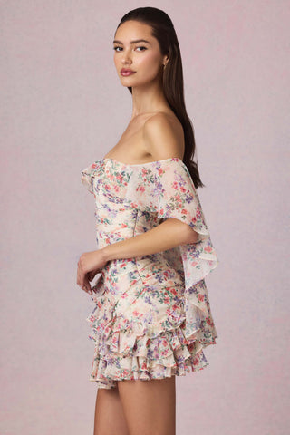 Off-Shoulder Ruffled Mini Dress in Primrose Floral Print