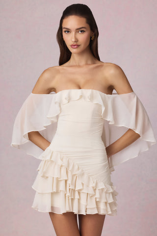 Off-Shoulder Ruffled Mini Dress in Ivory