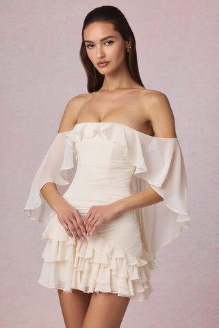 Off-Shoulder Ruffled Mini Dress in Ivory