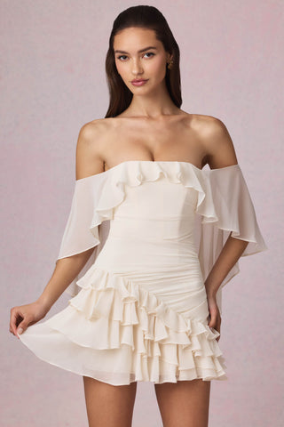 Off-Shoulder Ruffled Mini Dress in Ivory