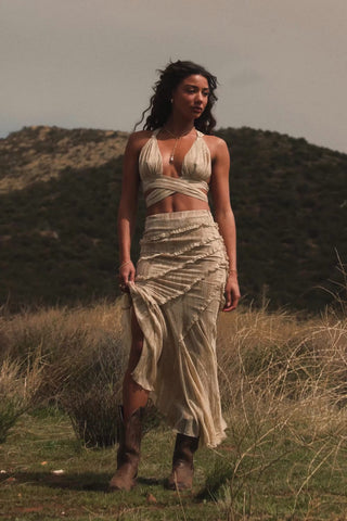 Ruched Halterneck Crop Top in Tan Print