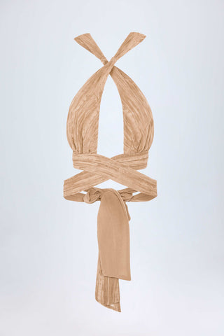 Ruched Halterneck Crop Top in Tan Print