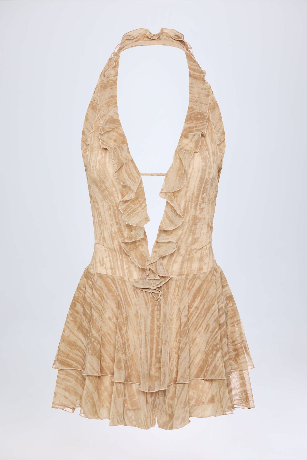 Ruffled Plunge Halterneck Playsuit in Tan Print