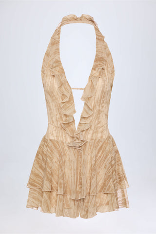 Ruffled Plunge Halterneck Playsuit in Tan Print