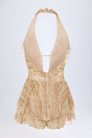 Ruffled Plunge Halterneck Playsuit in Tan Print