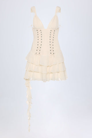 Lace-Up Ruffled Tiered Mini Dress in Ivory