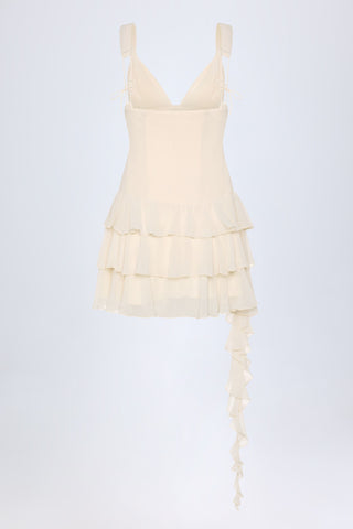 Lace-Up Ruffled Tiered Mini Dress in Ivory