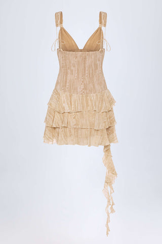 Lace-Up Ruffled Tiered Mini Dress in Tan Print