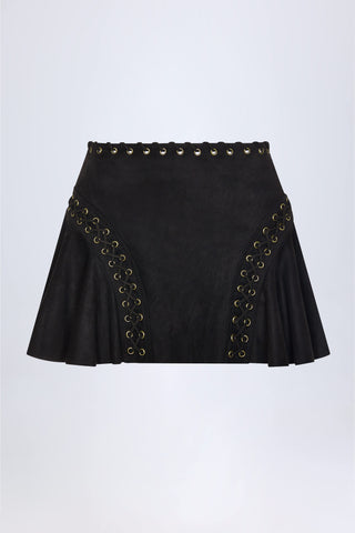 Lace-Up Mid-Rise Mini Skirt in Black